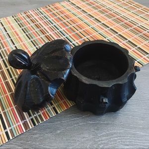 Black Carved Handmade Wooden Dish with Lid Boho